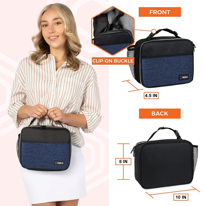 opux Insulated Lunch Bag Kids, Lunch Box for School Boy Girl, Leakproof Small Reusable Compact Soft Mini Cooler Bag, Toddler Small Lunch Boxes Kit Pail with Front Side Pockets (Navy) - Image 2